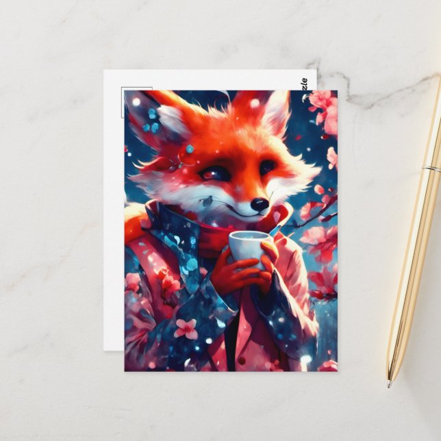 Carte Postale Renard Rouge Avec une Fleur de Cerisier à Café Pri (Devant/Arrière en situation)