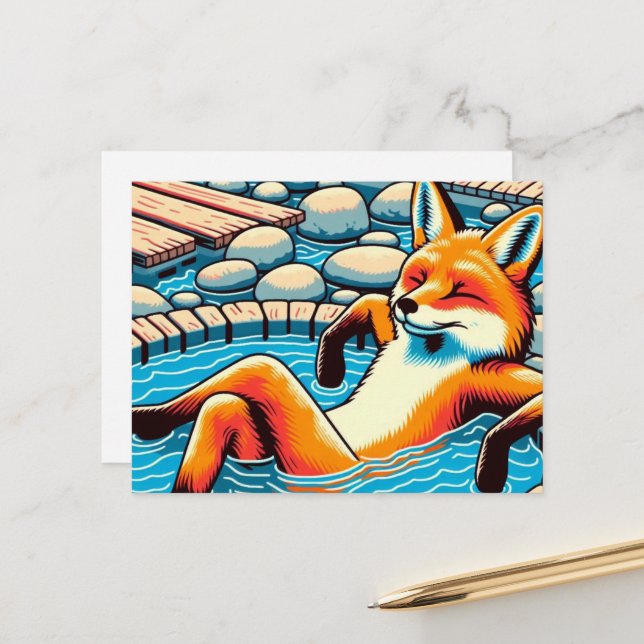 Carte Postale Renard Rouge Cool dans un Bassin de Source Chaud (Devant/Arrière en situation)