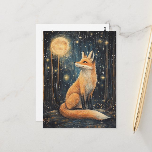 Carte Postale Renard rouge dans la forêt la nuit (Devant/Arrière en situation)