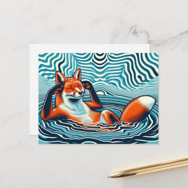 Carte Postale Renard Rouge Détendu dans une Piscine (Devant/Arrière en situation)
