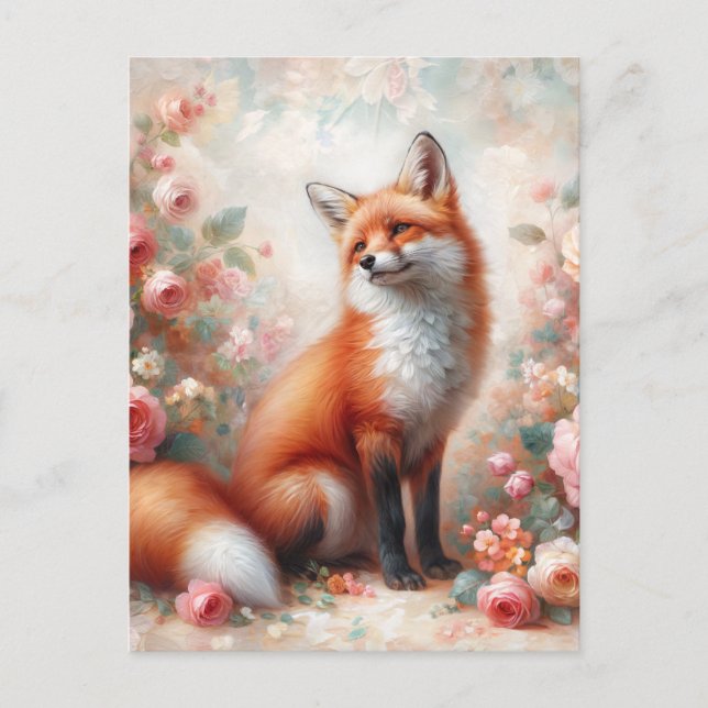 Carte Postale Renard rouge floral dans le jardin Rose (Devant)