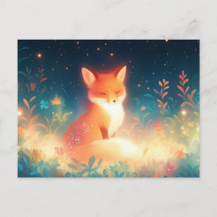 Carte Postale Renard Rouge Luminescent dans une Prairie Magique