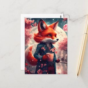 Carte Postale Renard Rouge Marcher avec un café Cerisier Fleurs