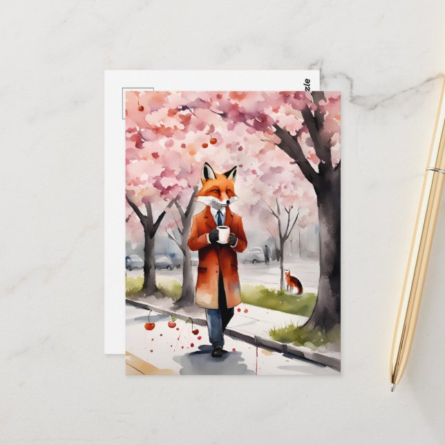 Carte Postale Renard Rouge Marcher avec un café Cerisier Fleurs (Devant/Arrière en situation)