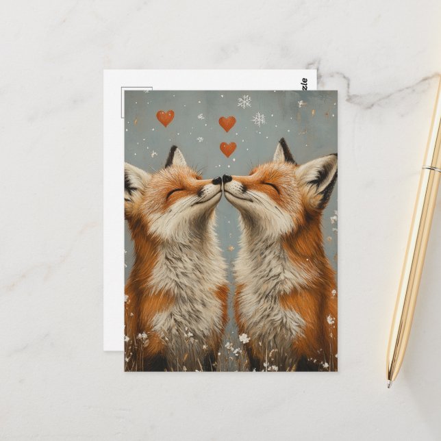 Carte Postale Renard Rouge Mignon en Amour (Devant/Arrière en situation)
