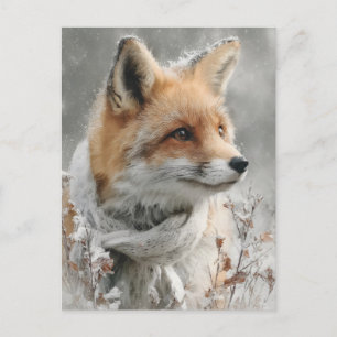 Carte Postale Renard Rouge portant une écharpe tricotée dans un