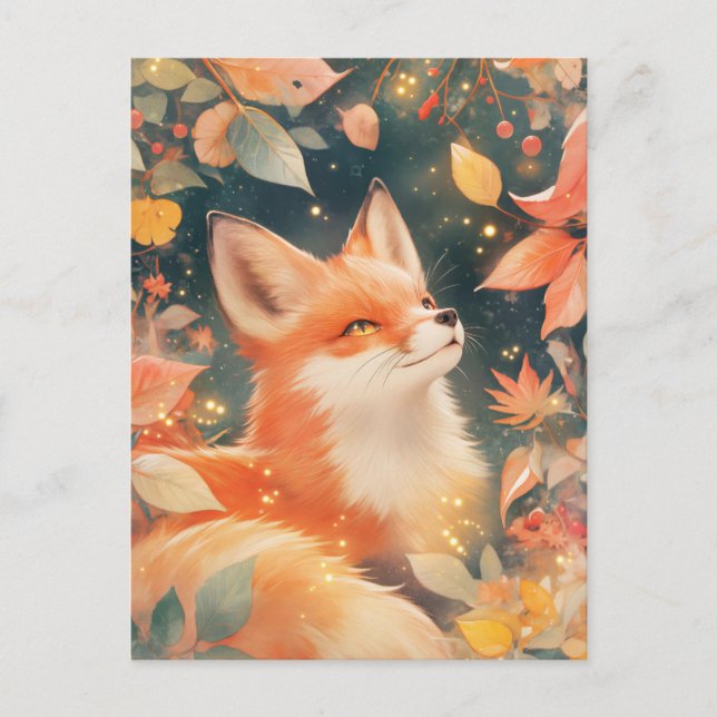 Carte Postale Renard roux dans le feuillage doré de l'automne (Devant)