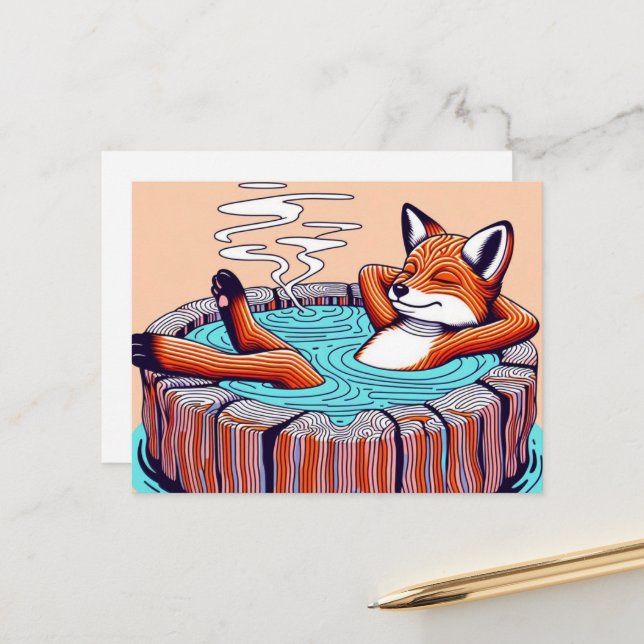 Carte Postale Renard roux décontracté dans un bain à remous (Devant/Arrière en situation)