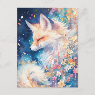 Carte Postale Renard roux éthéré dans une nuit à fleurs bleues