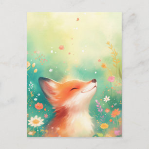 Carte Postale Renard roux heureux dans une prairie printanière é