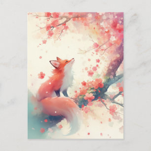 Carte Postale Renard roux sous cerisier rose