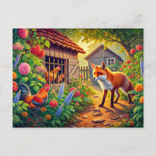 Carte Postale Renard visite la coop de poulet