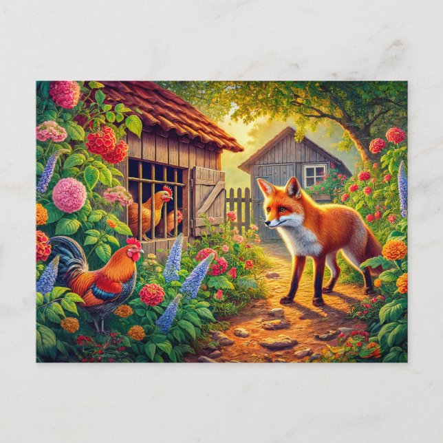 Carte Postale Renard visite la coop de poulet (Devant)