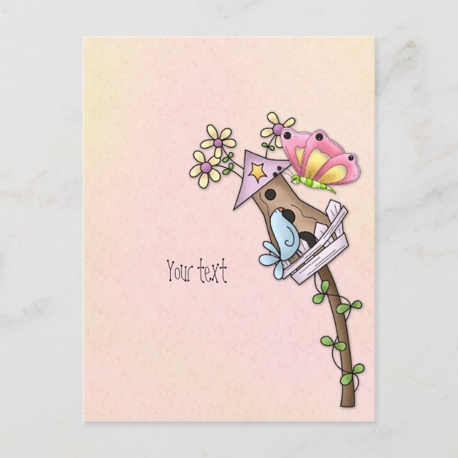 Carte Postale Rencontre papillon et oiseau au nichoir (Devant)
