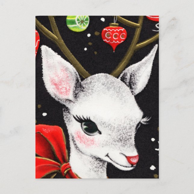 Carte Postale Renne blanc adorable avec grand nœud rouge (Devant)