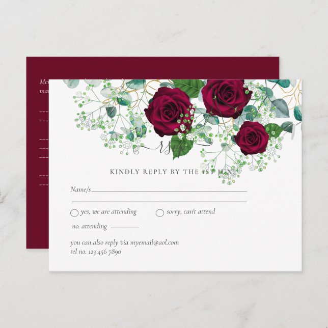 Carte Postale Réponse au mariage Burgundy Rose Sage Eucalyptus (Devant / Derrière)