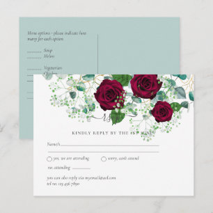 Carte Postale Réponse au mariage Burgundy Rose Sage Eucalyptus