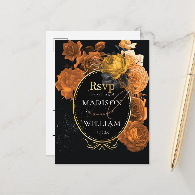 Carte Postale Réponse de choix de repas de mariage floral orange (Devant/Arrière en situation)