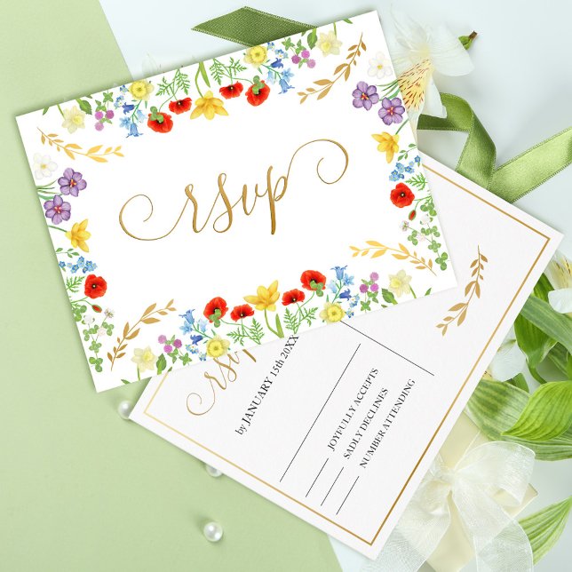 Carte Postale Réponse de mariage blanc de fleur sauvage printani (Colorful Spring Wildflower White Wedding RSVP Postcard)