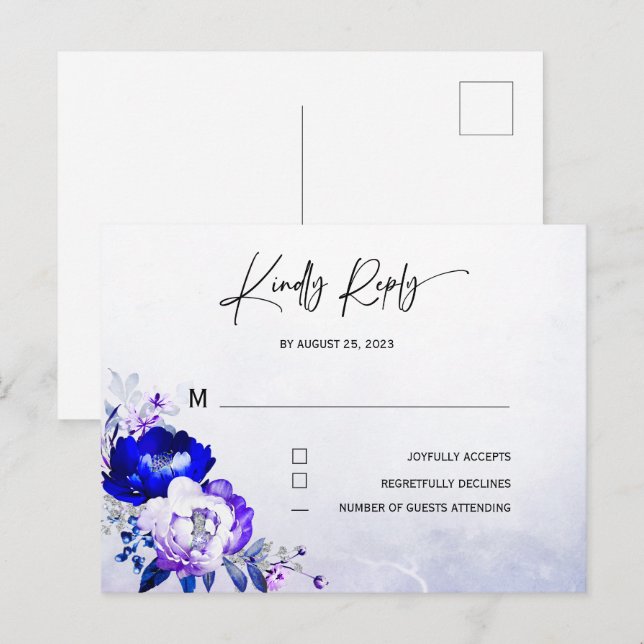 Carte Postale Réponse de mariage bleu royal et violet (Devant / Derrière)