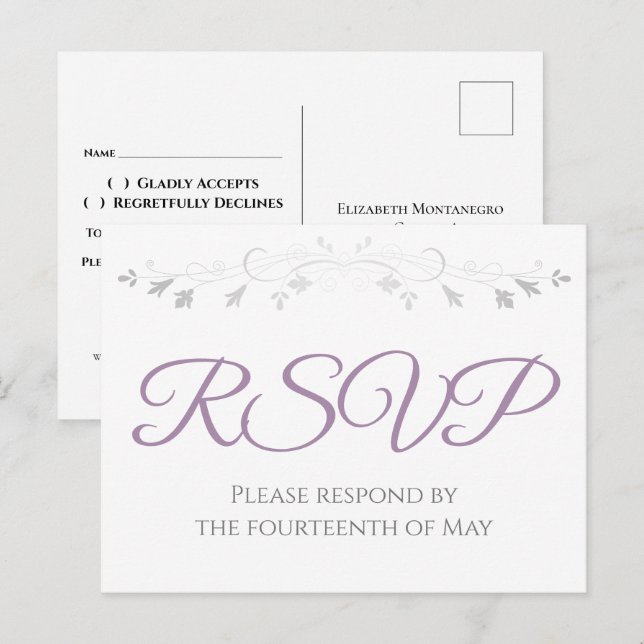 Carte Postale Réponse de mariage Élégance Simple Argent et Viole (Devant / Derrière)