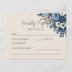 Carte Postale Réponse de mariage florale bleu marine élégante   