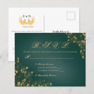 Carte Postale Réponse de mariage florale verte émeraude et or él
