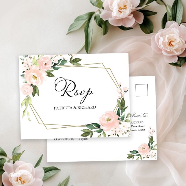 Carte Postale Réponse de mariage géométrique floral rose blush (Créateur téléchargé)