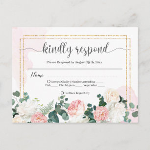 Carte Postale Réponse de mariage rétro aquarelle rose et fleurs 