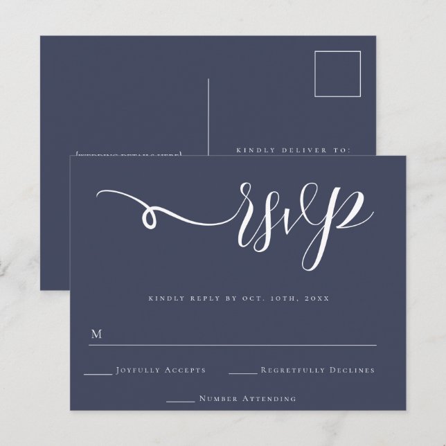 Carte Postale Réponse du Mariage de script bleu de la Marine RSV (Devant / Derrière)