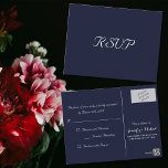 Carte Postale Réponse élégante du Mariage du parti bleu de la Ma<br><div class="desc">Créez votre propre carte d'invitation RSVP personnalisée, personnalisée, simple, élégante, bleu marine fête / événement / occasion spéciale. Entrez simplement votre date, vos noms et votre adresse rsvp. Un RSVP élégant pour tous vos amis et votre famille, pour toute occasion, événement, rassemblement, qu'il s'agisse de mariages, fête d'anniversaire, fête de...</div>