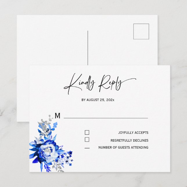 Carte Postale Réponse pour le Mariage Royal Bleu et Argent (Devant / Derrière)