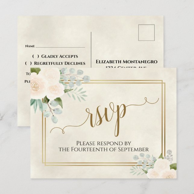 Carte Postale Réponse pour le mariage White Roses & Eucalyptus G (Devant / Derrière)