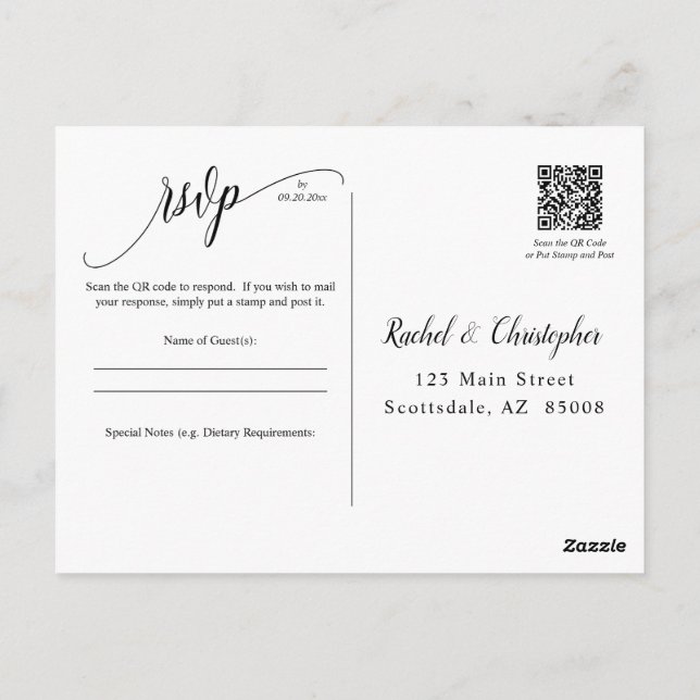 Carte Postale Réponse RSVP de l'événement Mariage de code QR sim (Dos)