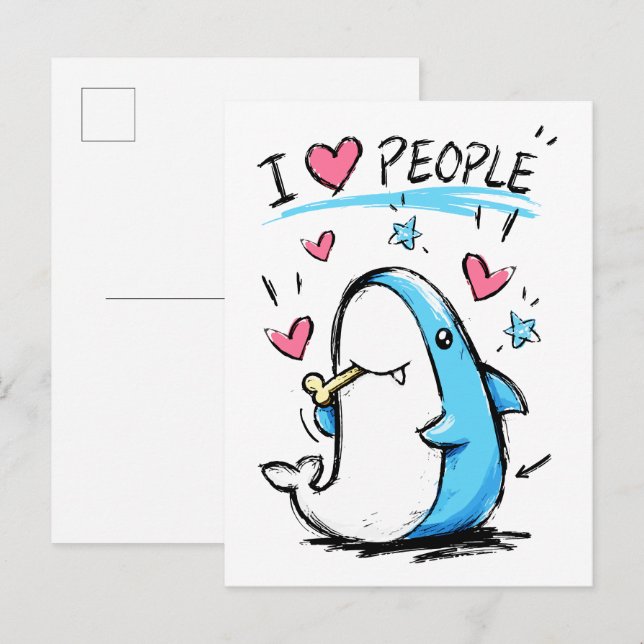 Carte Postale Requin aime les gens Funny Doodle Cartoon (Devant / Derrière)