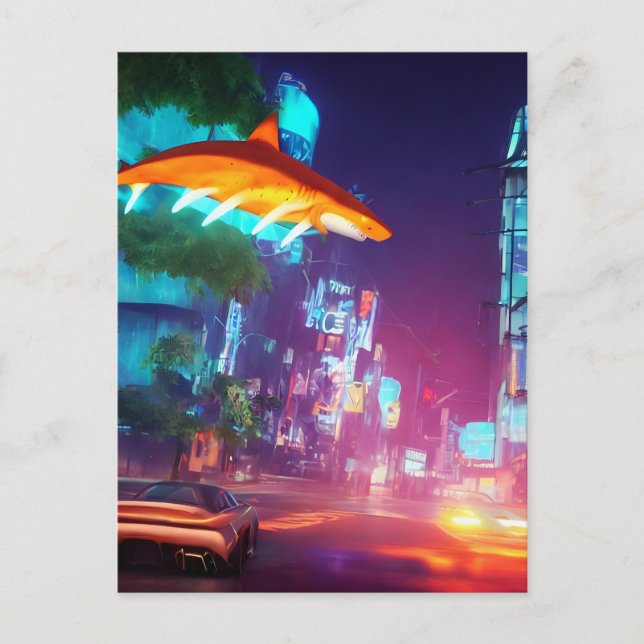 Carte postale requin au-dessus de la ville (Devant)