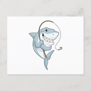 Carte Postale Requin en pêcheur avec canne à pêche