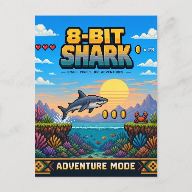 Carte Postale Requin, Rétro Pixel Art 8-Bit (Devant)
