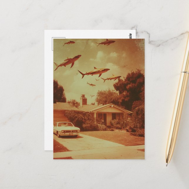 Carte Postale Requins volants vintages dans le voisinage (Devant/Arrière en situation)