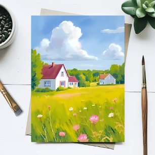 Carte Postale Résidence de Campagne Champs Verts Luxuriants Aqua