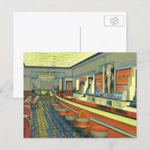 Carte Postale Restaurant Vintage, Intérieur de Diner Rétro au Bo
