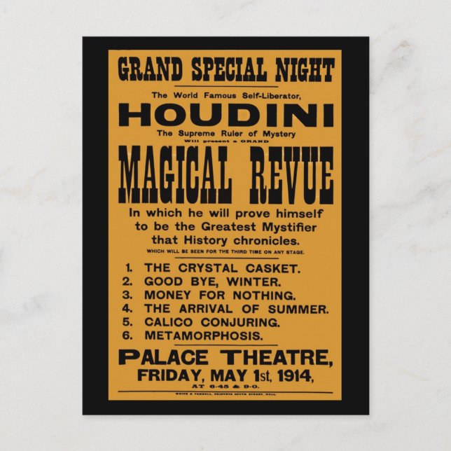 Carte Postale Restauré 1914 Harry Houdini panneau jaune (Devant)