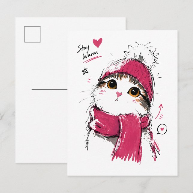 Carte Postale Restez au chaud, joli chat avec bonnet et écharpe  (Devant / Derrière)