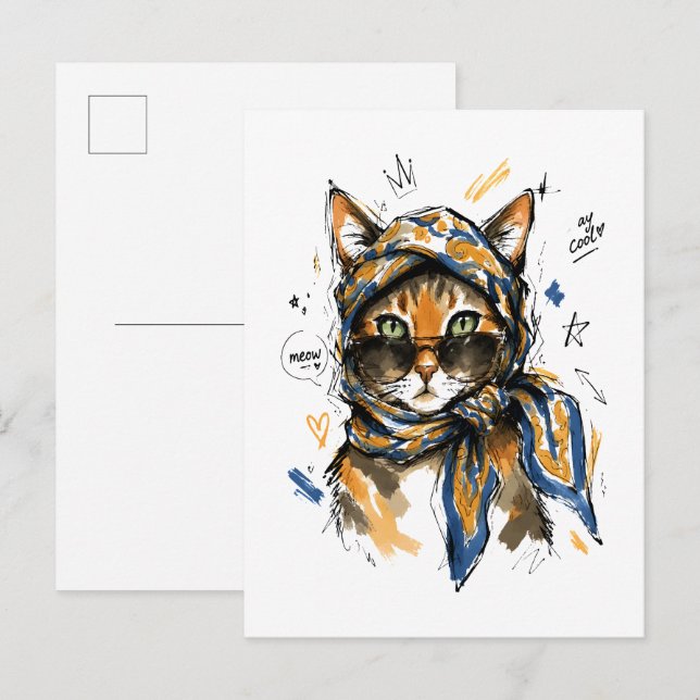 Carte Postale Restez Cool Chat avec Lunettes de Soleil & Écharpe (Devant / Derrière)