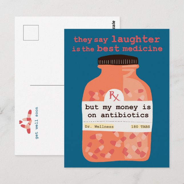 Carte Postale Rétablissez-vous vite Rire vs Antibiotiques PERSON (Devant / Derrière)