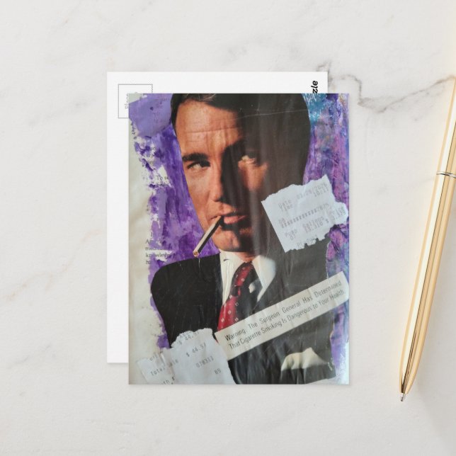 Carte Postale Retro 1960s era smoker man heath danger collage (Devant/Arrière en situation)