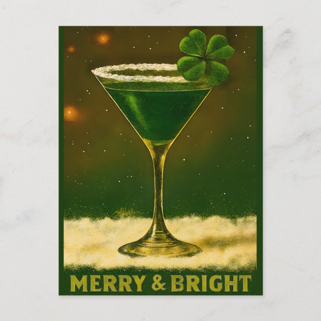Carte Postale Retro 50s 4 Leaf Clover Irish Christmas Martini (Devant)