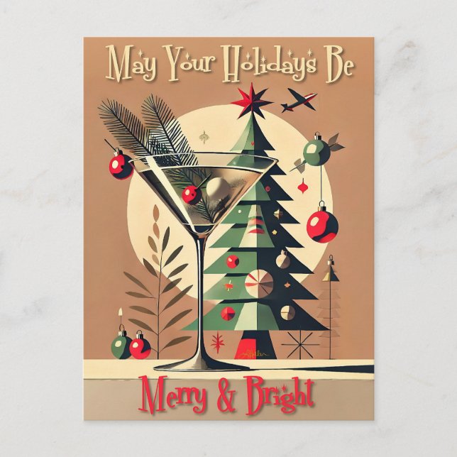 Carte Postale Retro 50s Jet Set Martini de Noël arbre (Devant)