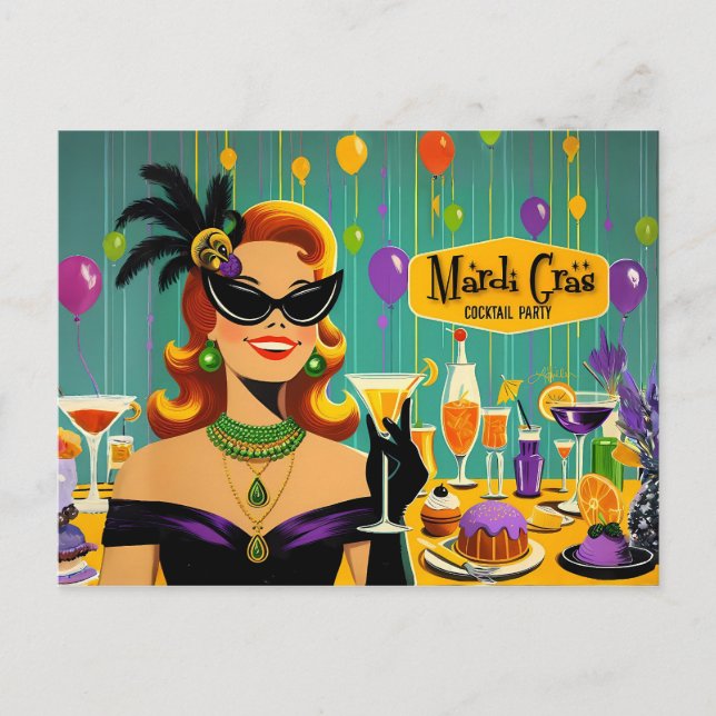 Carte Postale Retro 50s Mardi Gras Martini Cocktail Party (Devant)