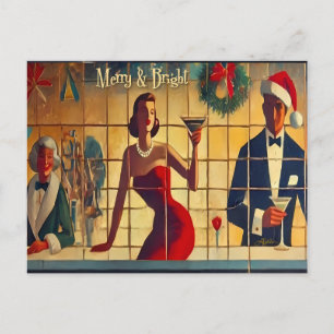 Carte Postale Retro 50s Noël Eve Bar Dernier Appel Martini